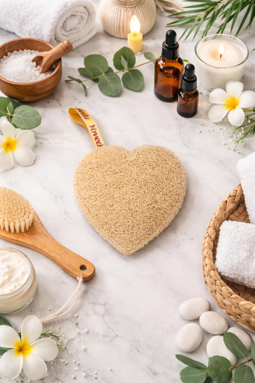 Yovedu Natural Loofah Sponge (3 Pack) with Cotton Canvas Potli Bag β Plant-Based Body Exfoliator, Soft When Wet, Plastic-Free Bath Scrubber for Shower & Skincare (Heart) 1