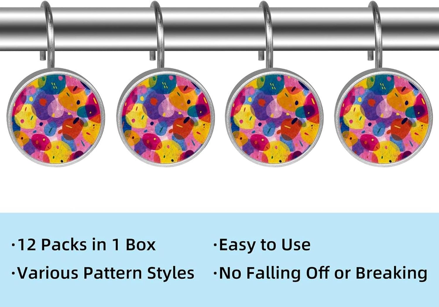 Fun Colorful Spots (12) Shower Curtain Hooks, Rustproof Shower Curtain Rings for Bathroom, Stainless Steel Shower Hooks for Shower Curtain Rod, Decorative Shower Curtain Hangers Set of 12