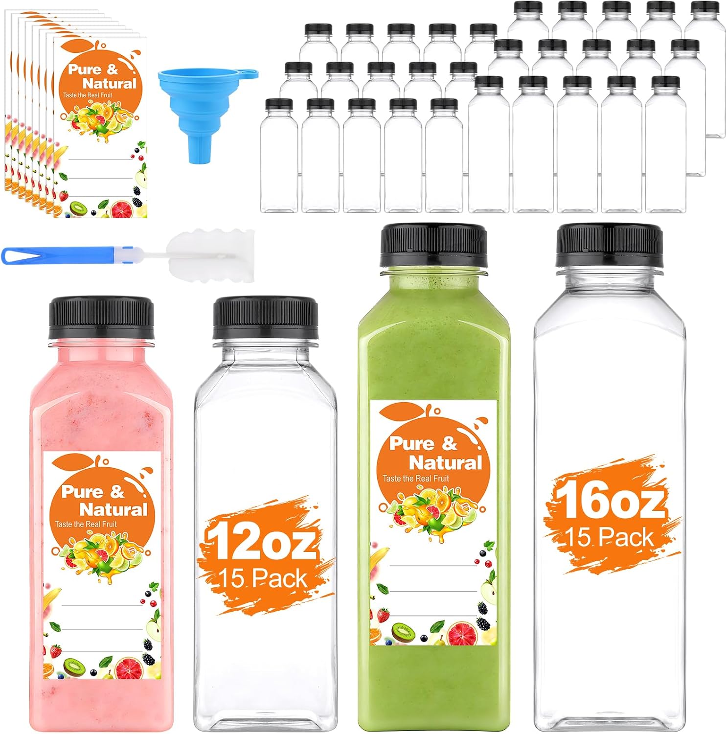 30 Pack Plastic Juice Bottles with Caps, 15 Pcs 12oz & 15 Pcs 16oz Empty Reusable Bottles for Juicing, Plus Labels & Funnel & Brush, Clear Juice Containers with Lids for Smoothies Bevergae