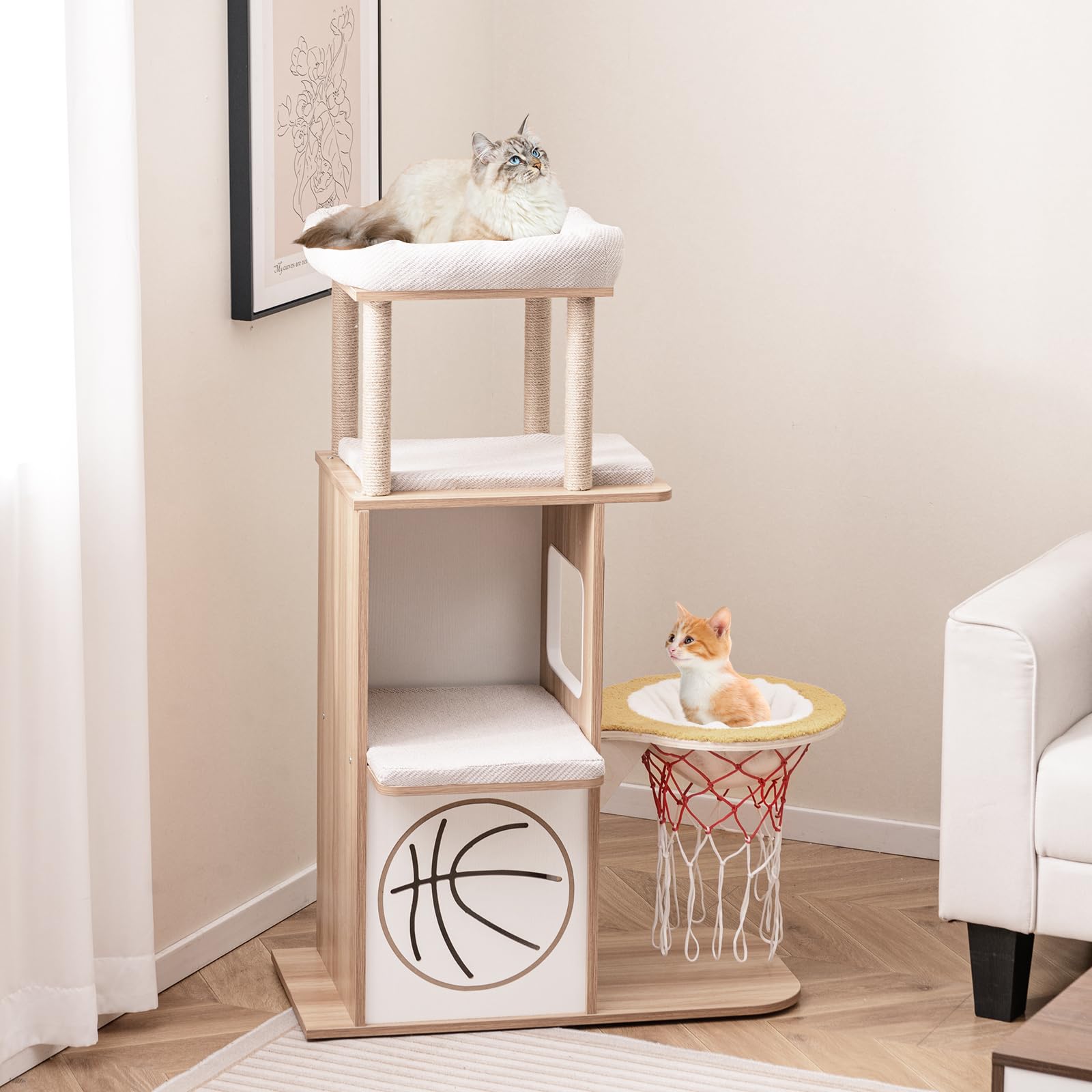GYMAX Albero Tiragraffi per Gatti, 78 x 35 x 120 cm, Torre a 4 Livelli a Tema Sportivo con 2 Casette per gatti, Piattaforme, Amaca Canestro, Pali Tiragraffi in Iuta, Cuscini Rimovibili e Lavabili