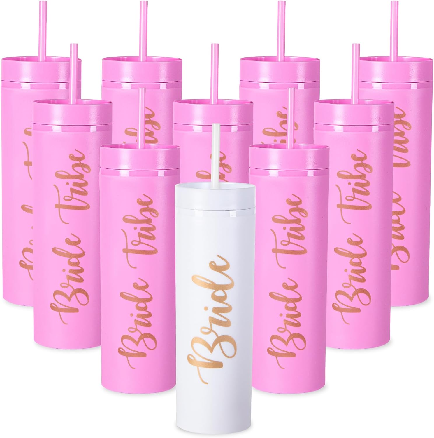 10 Pack Skinny Tumbler | 16 oz Bride & Tribe Tumblers | Bachelorette Party Cups | Wedding Gifts Bridesmaids Mugs & Games (Pink)