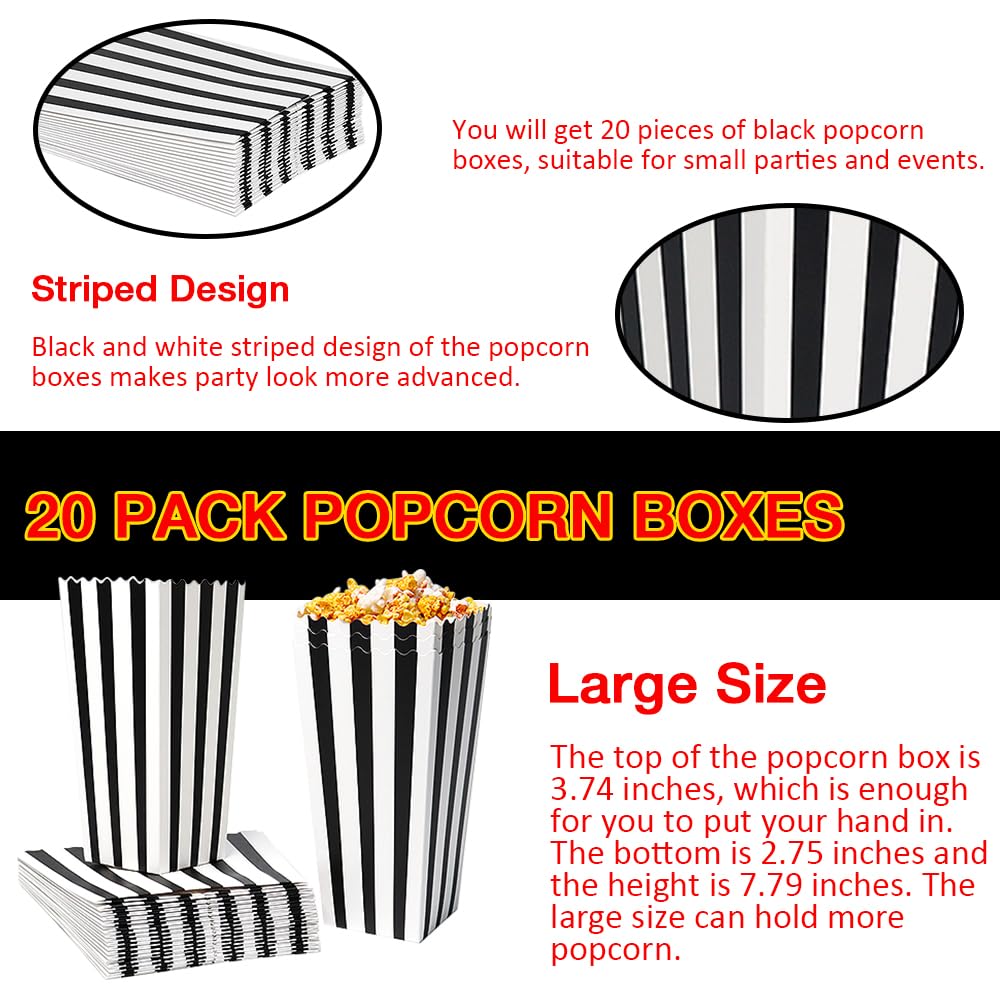 Pharamat 20 Pcs Black Paper Popcorn Boxes, Disposable Popcorn Containers for Party(7.79 x 3.74inch)