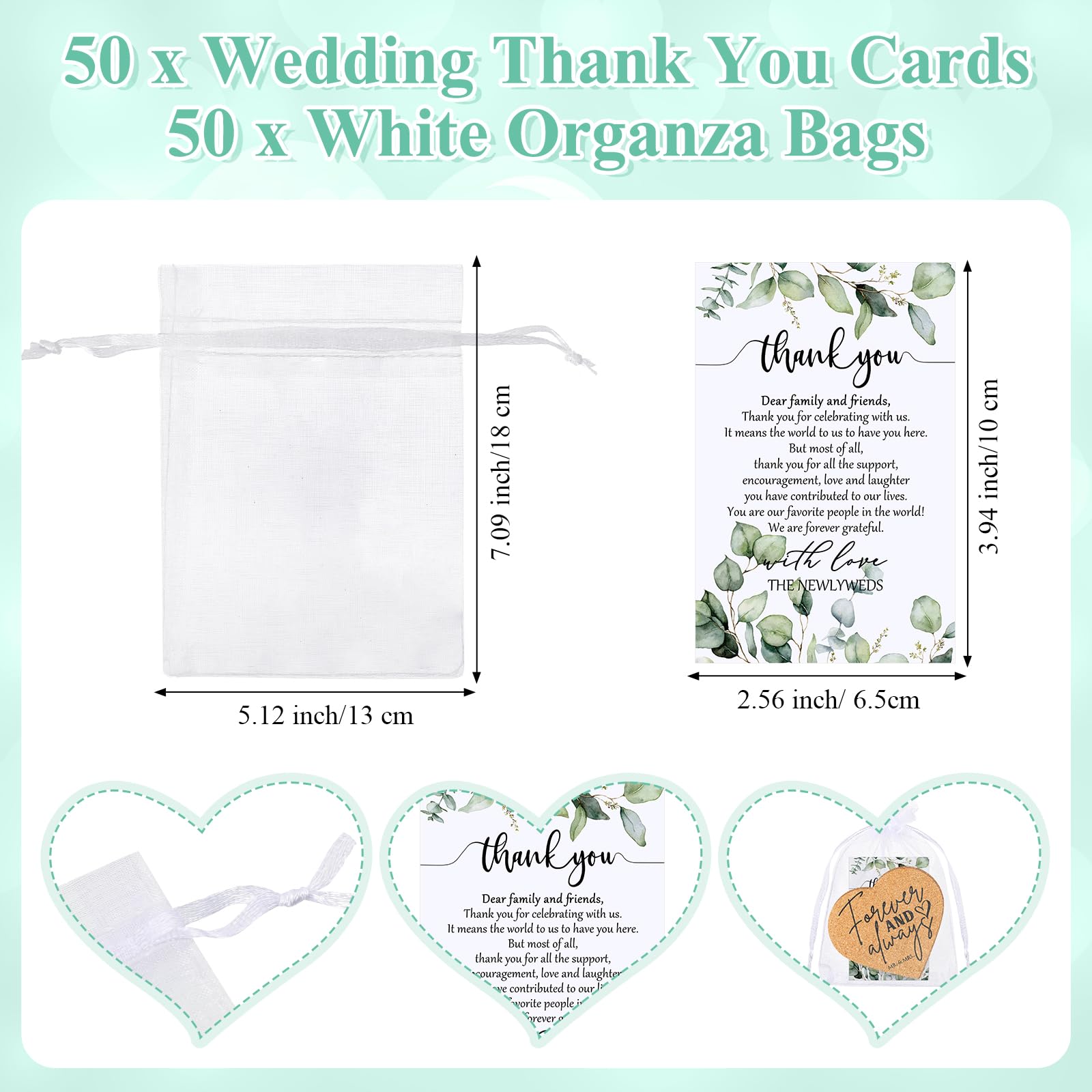 Uiifan Juego de 50 posavasos de corcho con forma de corazón para invitados, regalos de boda, tarjetas de agradecimiento a granel y bolsas de organza, regalos de despedida de soltera, recuerdos de