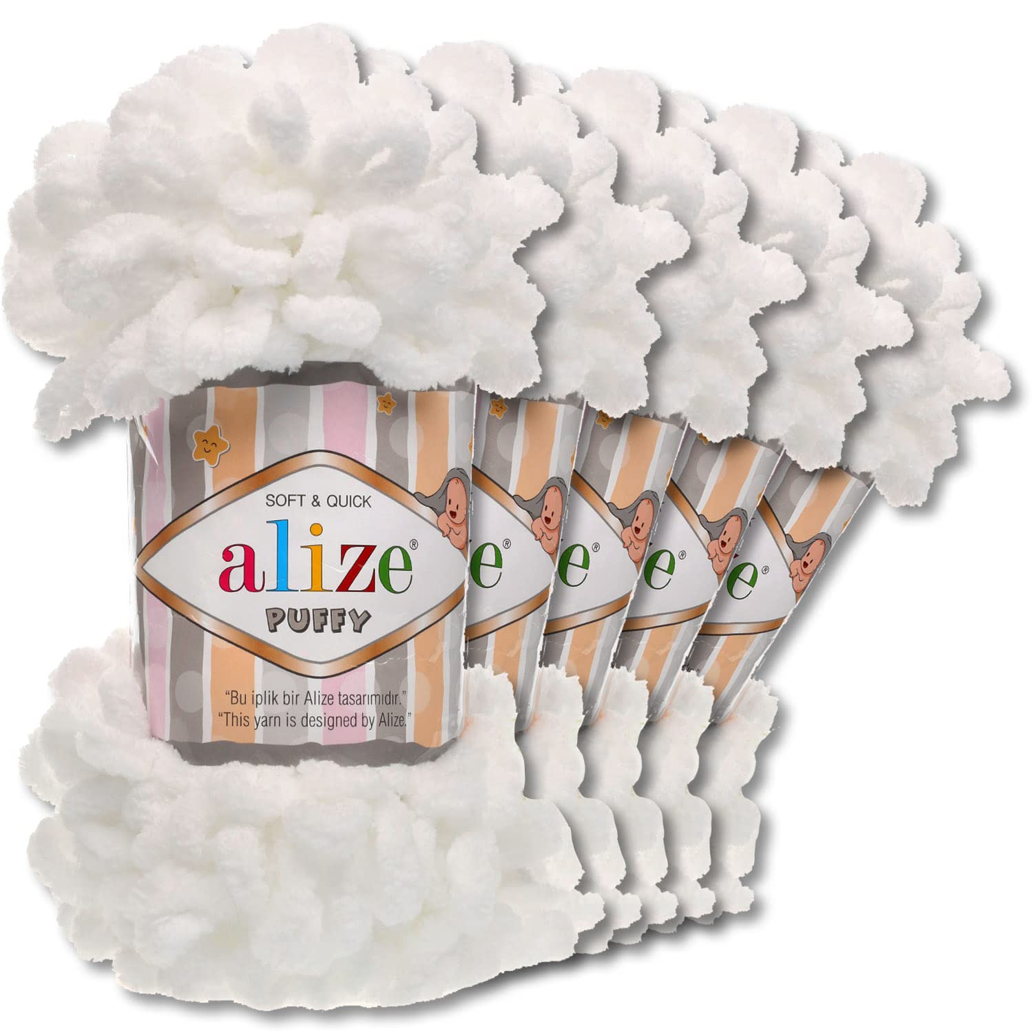 Alize Puffy Wool Chenille Loop Wool, 5 x 100 g, Crochet and Knit without Tools, Clothing, Accessories, Blankets, Rugs (55 | White)