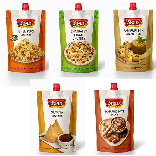 SWAD Chatpatey Chaat Chutney/ Tamarind & Date Sauce/ Pani Puri Instant Paste/ Samosa Kachori Chutney/ Bhel Puri Chutney - Combo Pack of 5 (Each 200 gm)