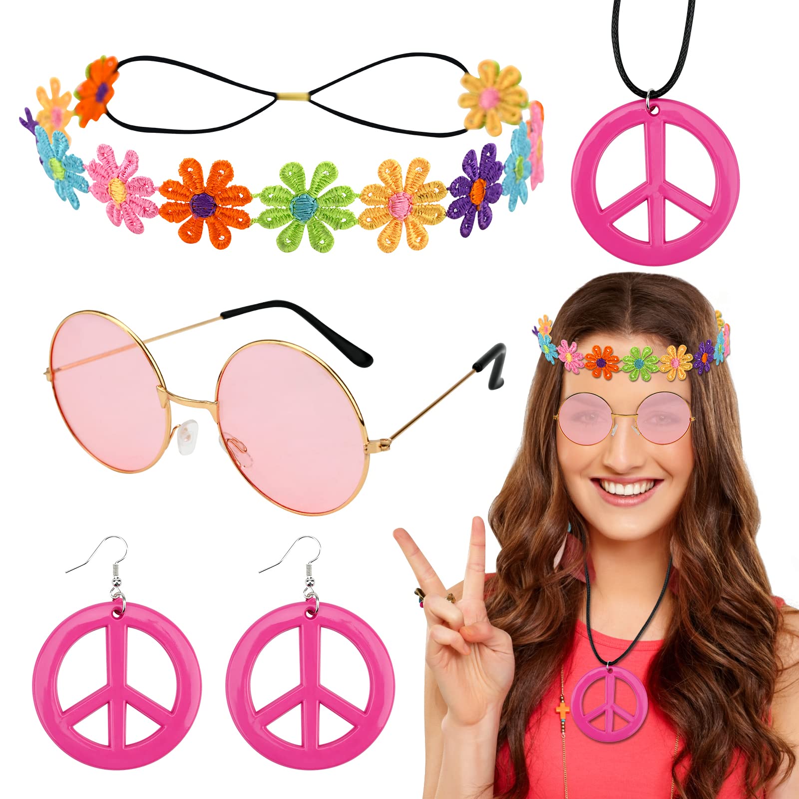 Hippie Costume Set,5 Pieces 60s 70s Hippie Hippy Dressing Accessory Hippie Party Supplies Fancy Dress Hippie Glasses Peace Sign Necklace Peace Earring for Kids Adults Hippie Retro Party (Rose)