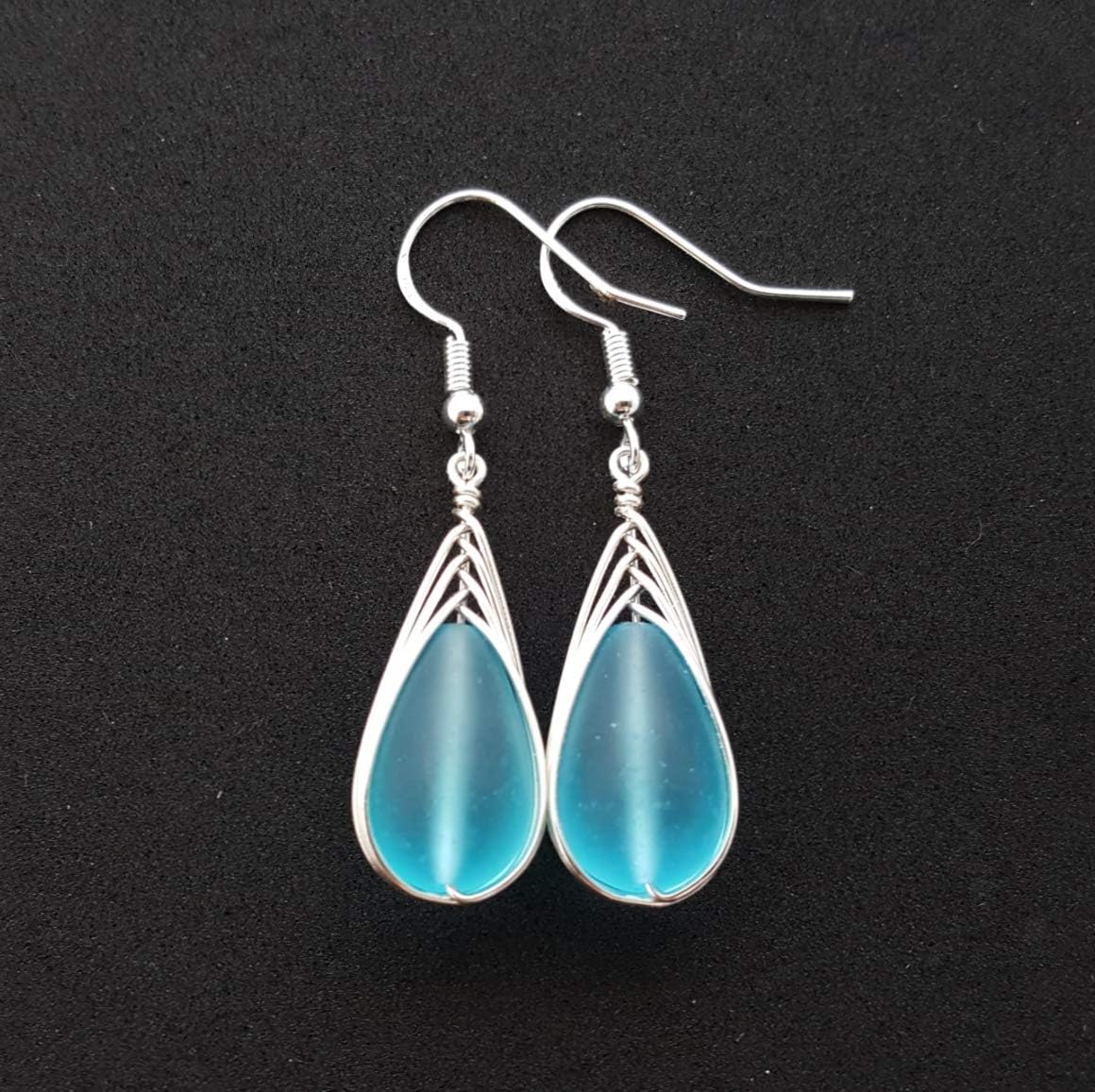 Handmade Sea Glass Earrings, Hawaiian Jewelry, Wire Braided Earrings Teardrop Earrings, Beach Jewelry Sea Glass Jewelry For Women Birthday Gift