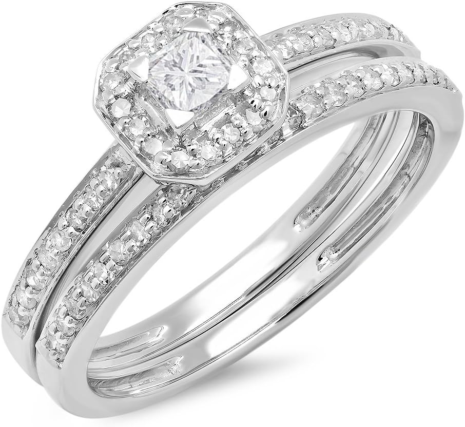 Dazzlingrock Collection 0.55 Ctw 14K Real Solid Gold Natural Diamond Women Halo Engagement Bridal Ring With Matching Band Set
