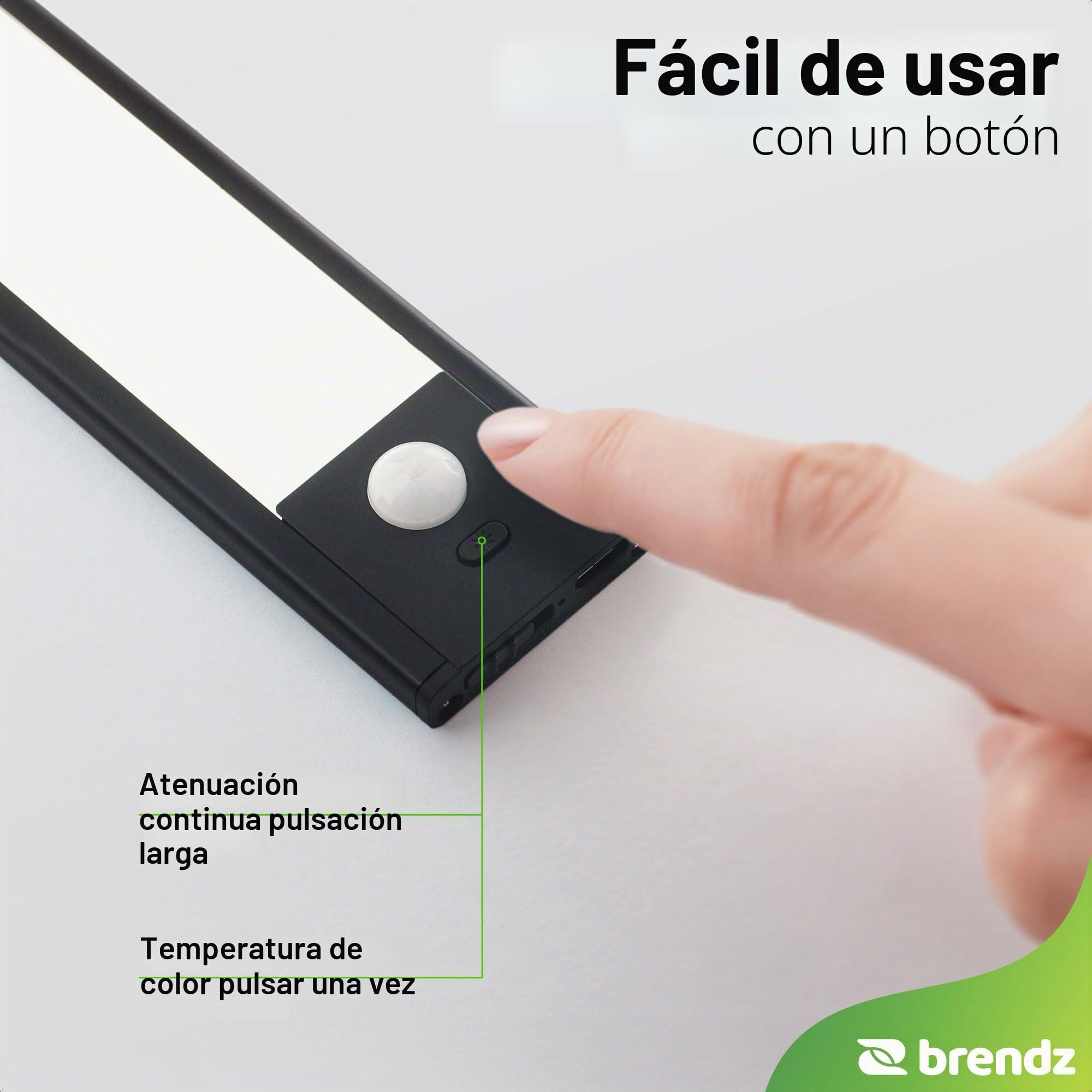 Brendz Luz LED Armario con Sensor de Movimiento, LED Cocina Bajo Mueble, 60cm, Recargables USB-C, 4400mAh, 3 Temperaturas de Color, Regulables, Magnético, Barra Cocina, Puyo Negro