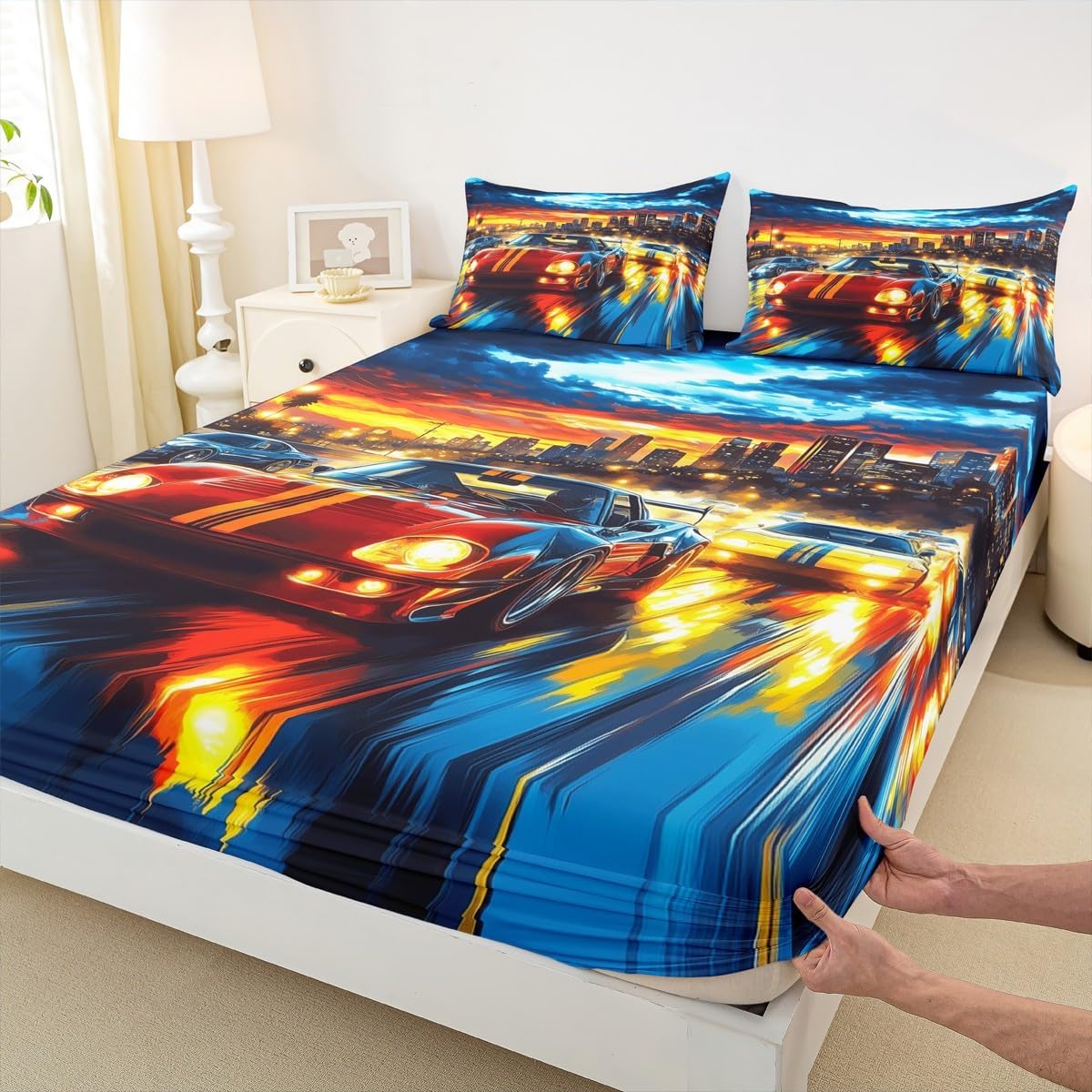 Blue Racing Car Fitted Sheet Full Size,Race Gaming Bedding Sets 3Pcs for Kids Boys Men Teens Room Decor,Extreme Sports Competition Bed Sheet Modern Grey Deep Pocket Sheets,2 Pillowcases