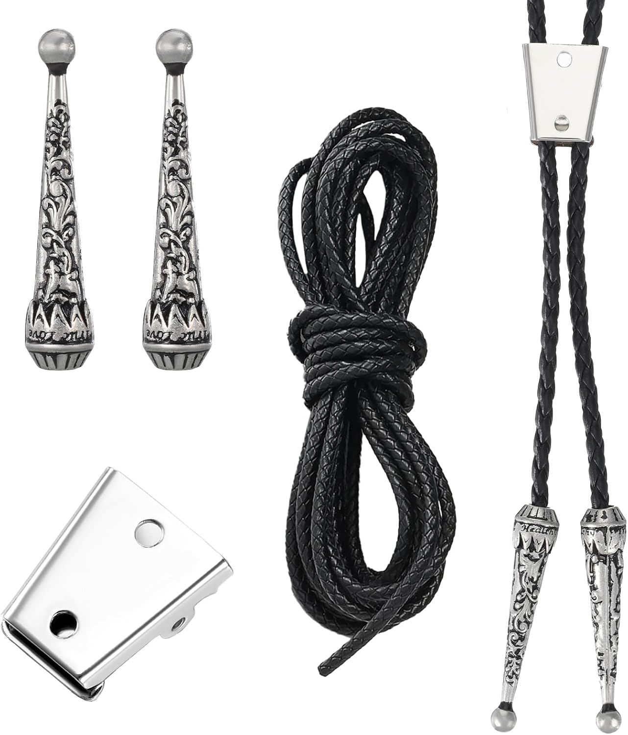 4PCS Bolo Tie Kit Leather Rope with Silver Clasp Western Cowboy Vintage Cowgirl Tie