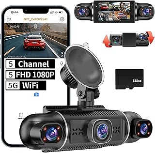 5 Channel 1080P*5 Dash Cam Front Rear Left Right Cabin, 360° Full Coverage Dash Camera for Cars with 5GHz WiFi & App Control, G-Sensor, 24H Parking Monitor, Loop Recording, 128GB SD Card Included
