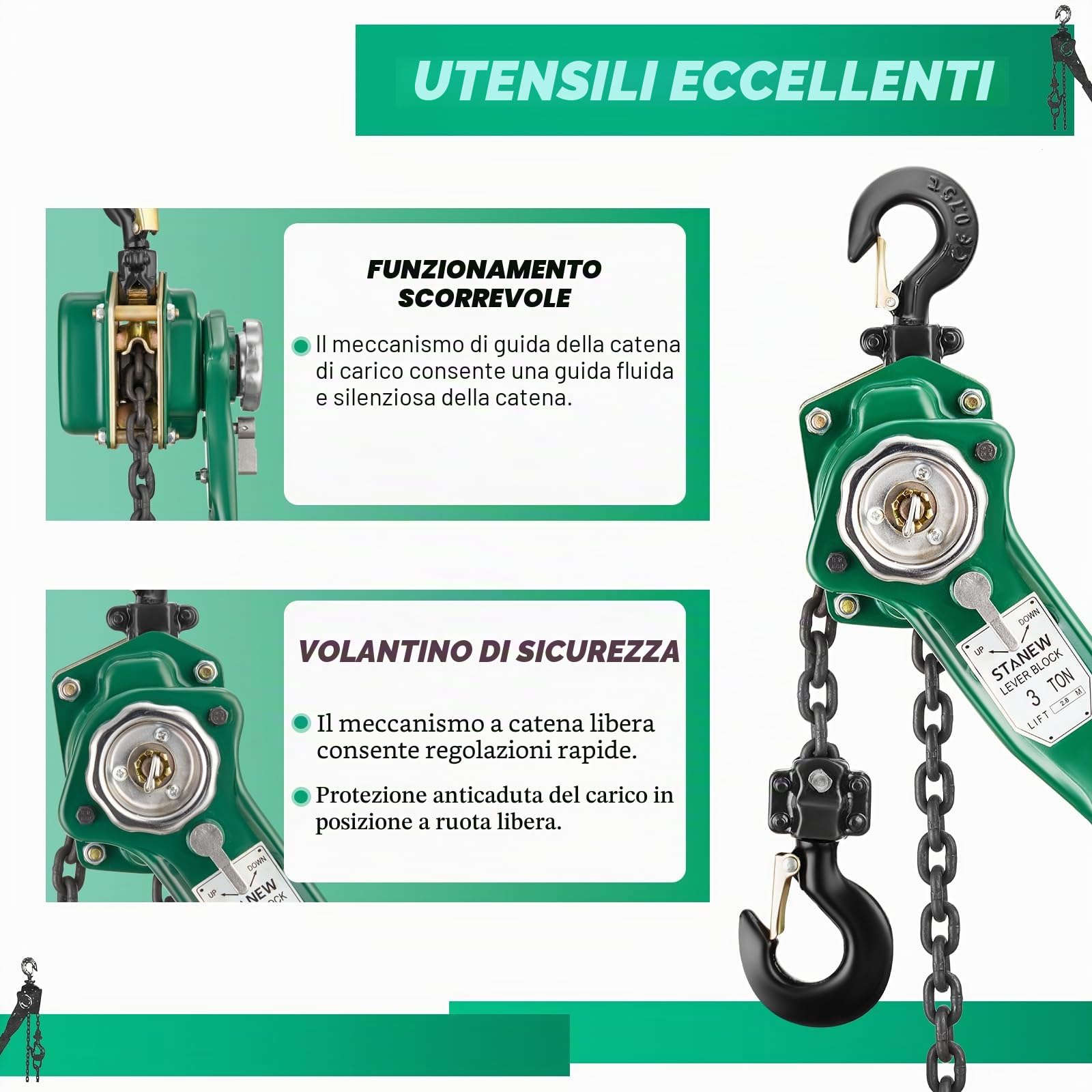 STANEW Paranco a Catena, Paranco a Leva Manuale Altezza di Sollevamento 2.8m, Capacità Max. da 3t, Catena in acciaio al carbonio G80, gancio girevole a 360°