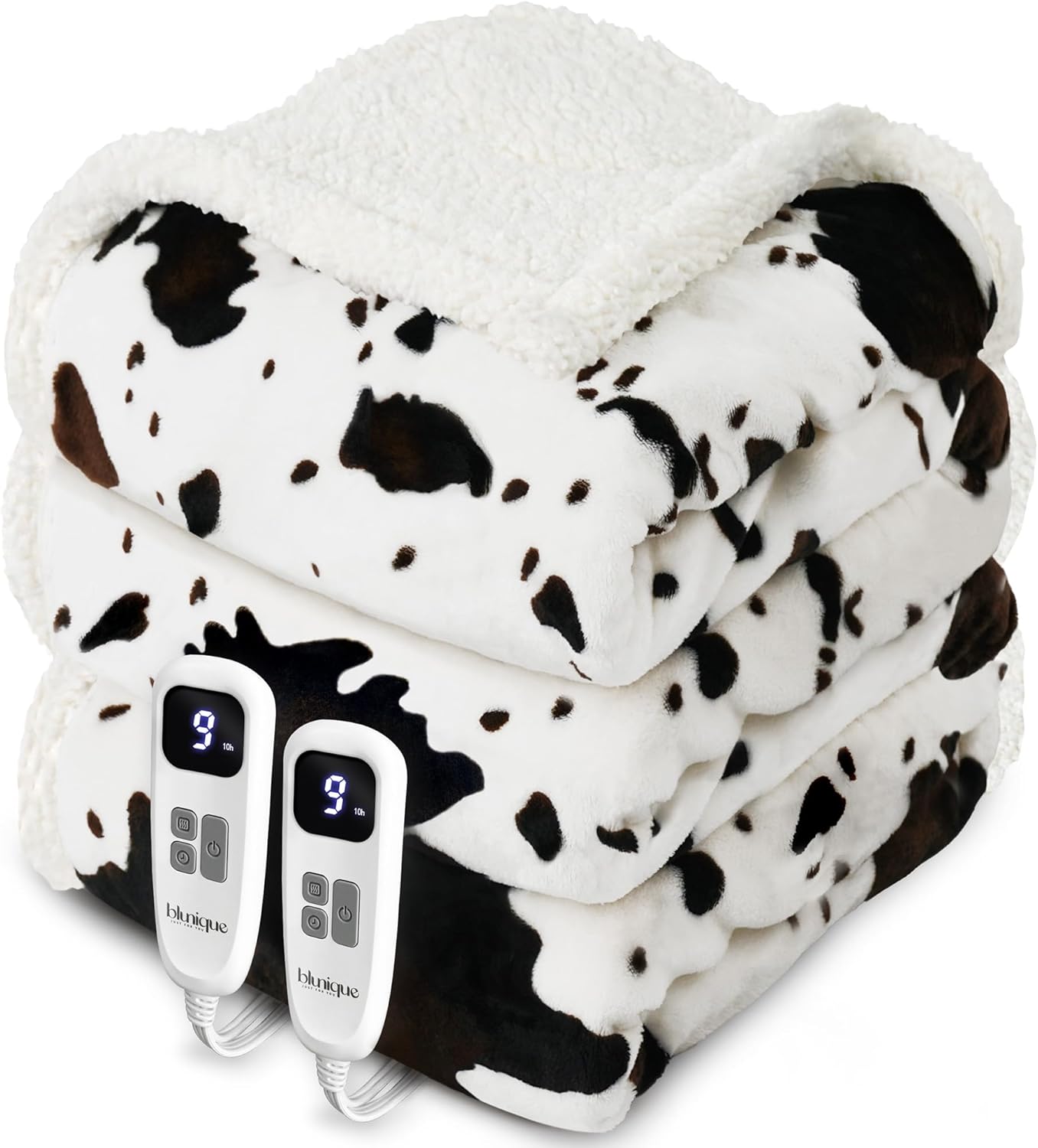 Cow Print Electric Heated Blanket Queen-Dual Control Heating Blanket Queen Size with 10 Heat Levels & 10 Hours Auto-Off, Cozy Soft Fleece Sherpa, Washable, 84x90 Inches Cow Print White 01 - Black Ombre-white Queen 84" x 90"