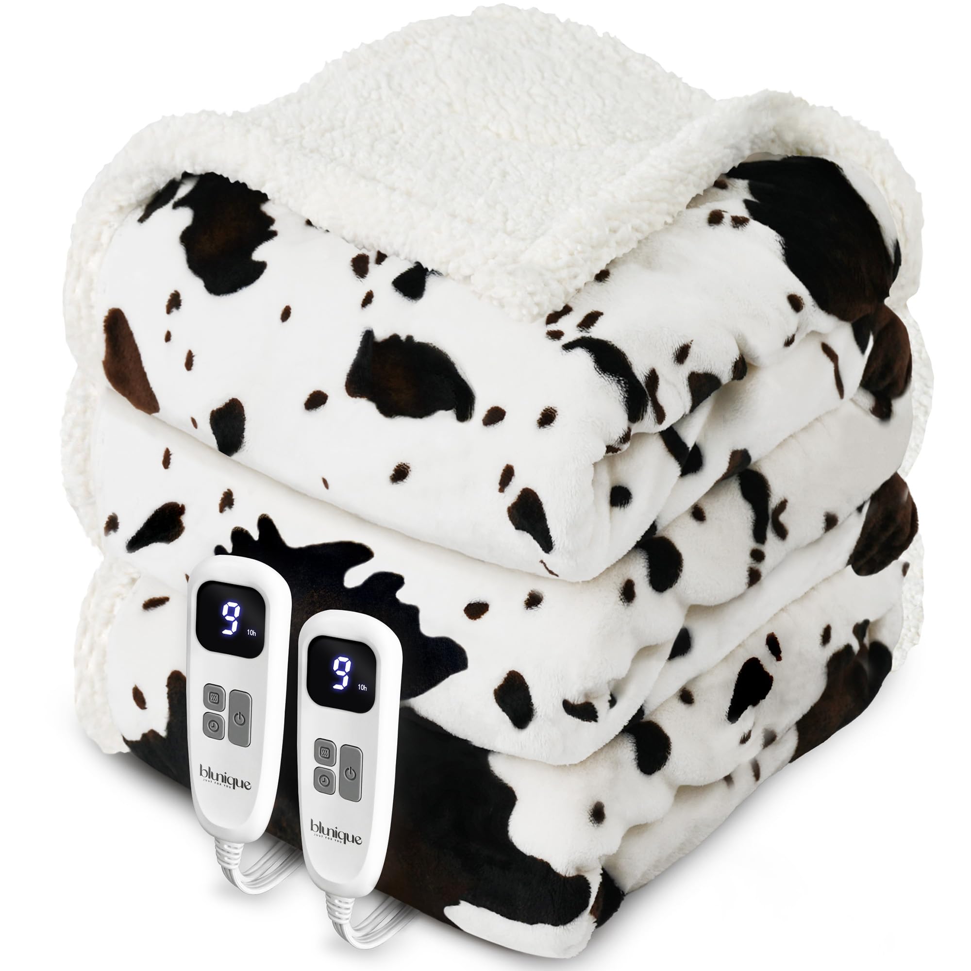 Photo 1 of blunique Heated Blanket King Blanket - Fast Heating Electric Blanket, Soft Flannel Heated King with 4 Time Settings,10 Heating Settings, Warm Gifts for Women & Mom & Grandma(90"x100"Cow Print White)