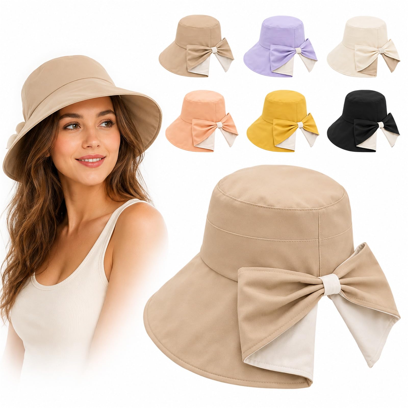 Genérico Women's Bowknot Wide Brim Sun Protective Hat, Sun Hat with Bow, Foldable Summer Hat for Women, Breathable Outdoor Vacation Hats