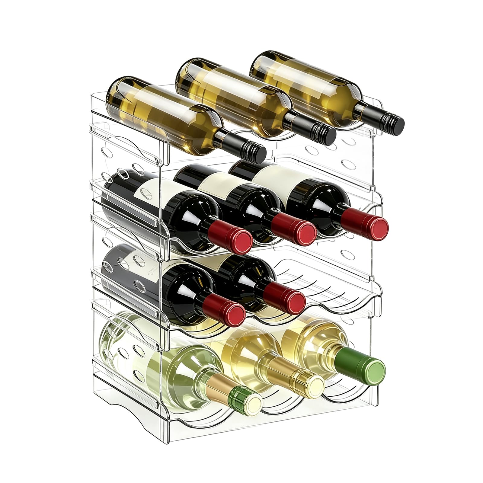 Botellero apilable Transparente de 4 Niveles, 12 litros - para Vino, Agua y zumos, Organizador para encimera, frigorífico, Armario o despensa, plástico Resistente 38x20x38 cm