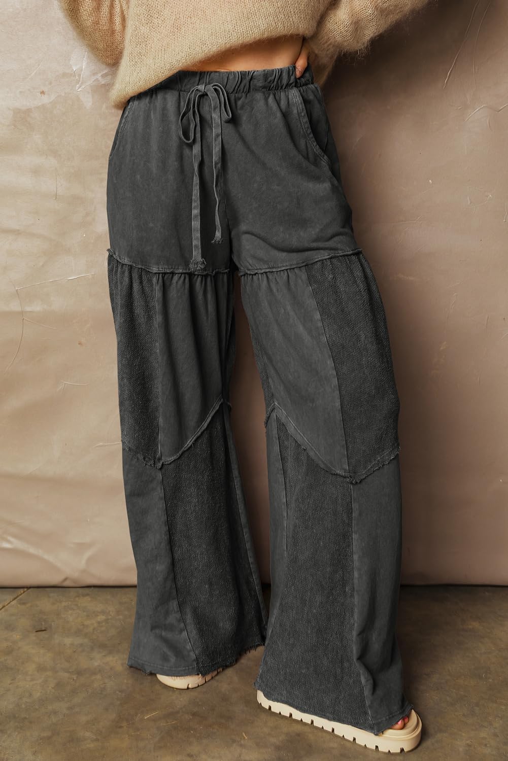 Palazzo Pants for Women Mineral Wash Tiered Drawstring High Waist Casual Wide Leg Lounge Pant with Pockets - Image 5
