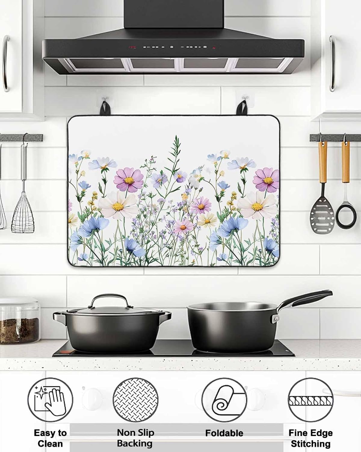 Stove Cover for Electric Stove 36x21 Inch Wildflowers Stove Top Cover Purple Blue Flower Leaf Glass Cooktop Covers Anti-Slip & Heat Resistant Countertop Protector Home Kitchen Decor