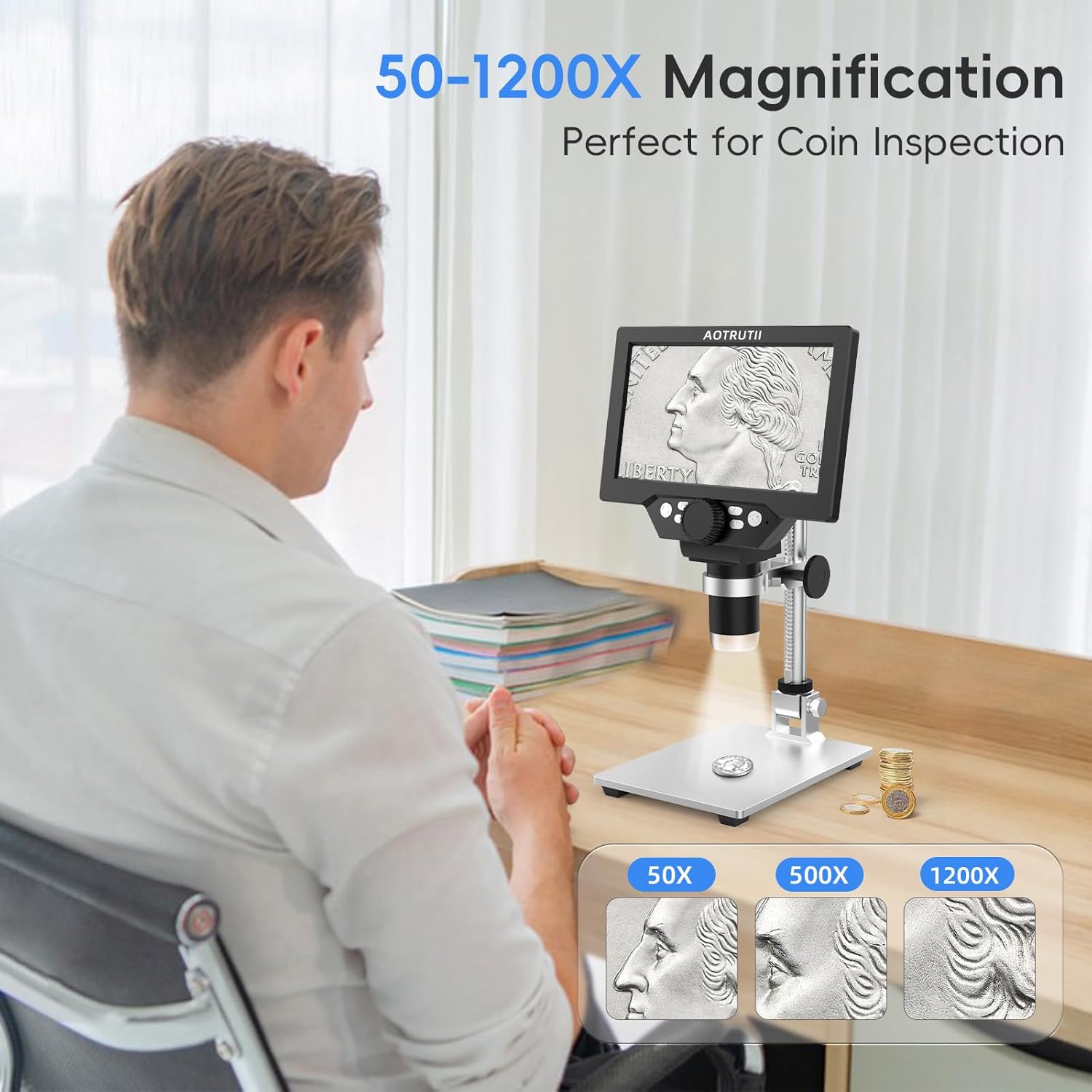 7" LCD Digital Microscope 1200X Magnification, 1080P Coin Microscope with Metal Stand | 8 LED Lights & Ultra-Precise Focus | Coin, Stamp, Hobby Inspection for Kids/Adults | Windows/Mac Compatible