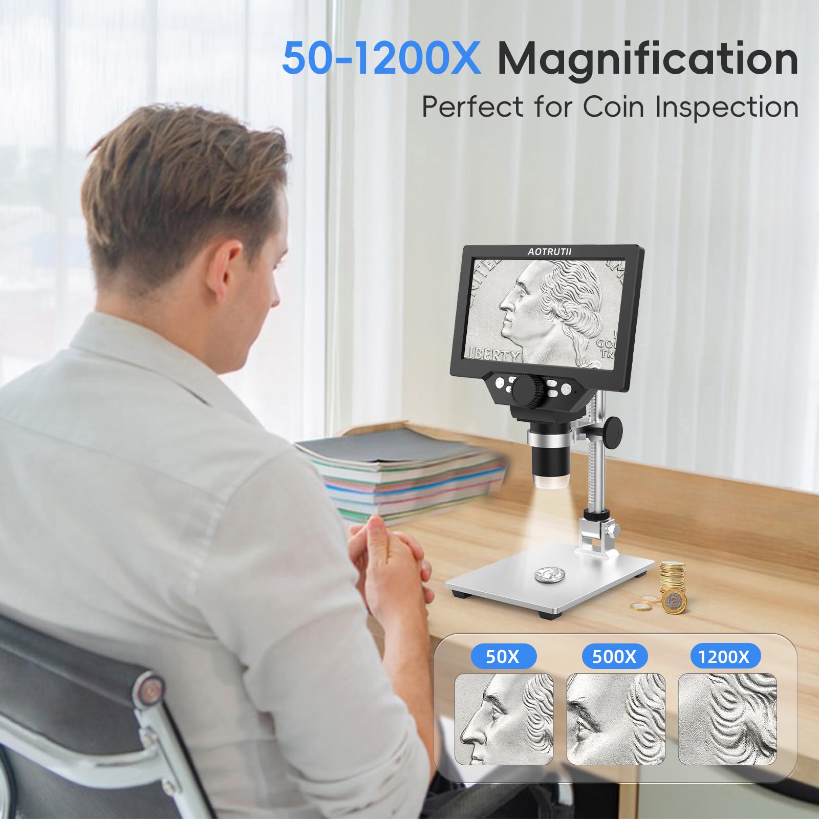 Microscopio digital LCD de 7 pulgadas, aumento de 1200X, cámara de video HD 12MP 1080P con soporte de metal, 8 luces LED, ventanas compatibles para inspección de monedas, placas de circuito