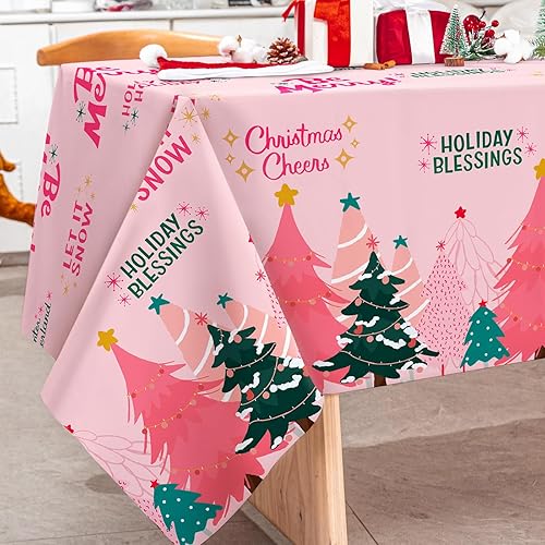 Miniatura 2 de AnyDesign - Mantel rectangular de Navidad rosa con árboles de Navidad, mantel lavable para vacaciones de invierno, picnic, comedor, 60 x 104 pulgadas