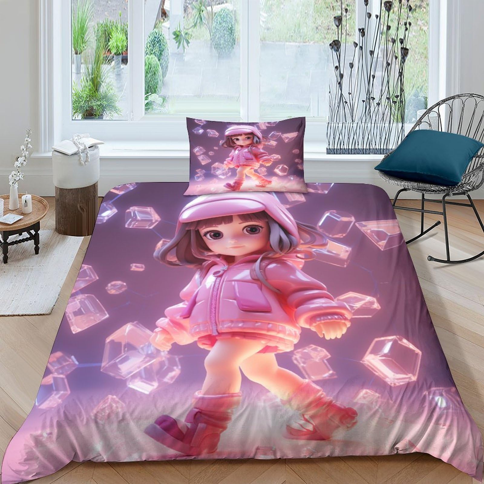 Parure de lit enfant 135x200 cm avec housse de couette microfine motif dessin animé fille