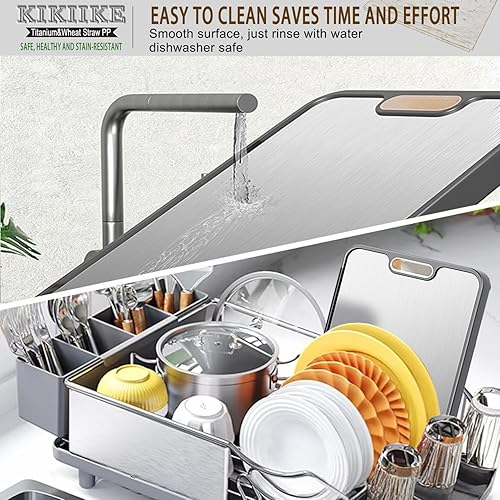 Miniatura 2 de Tabla de cortar de titanio Tablas de cortar de titanio puro de doble cara para cocina, titanio puro y paja de trigo, tabla de cortar de metal de