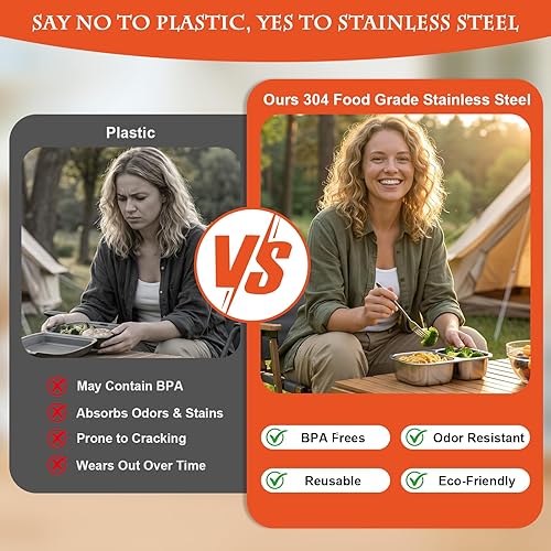 Miniatura 5 de Paquete de 3 cajas de almuerzo de acero inoxidable, recipientes de aperitivos de 27 onzas  27.1 fl oz con tapas, contenedor de almacenamiento de