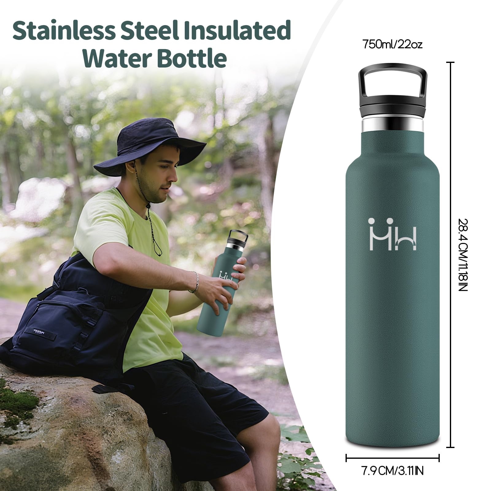 Gourde Isotherme HoneyHolly 750 Ml - Acier Inox 18/8, Double Paroi, 2 Bouchons (paille Et Poignée), Sans BPA