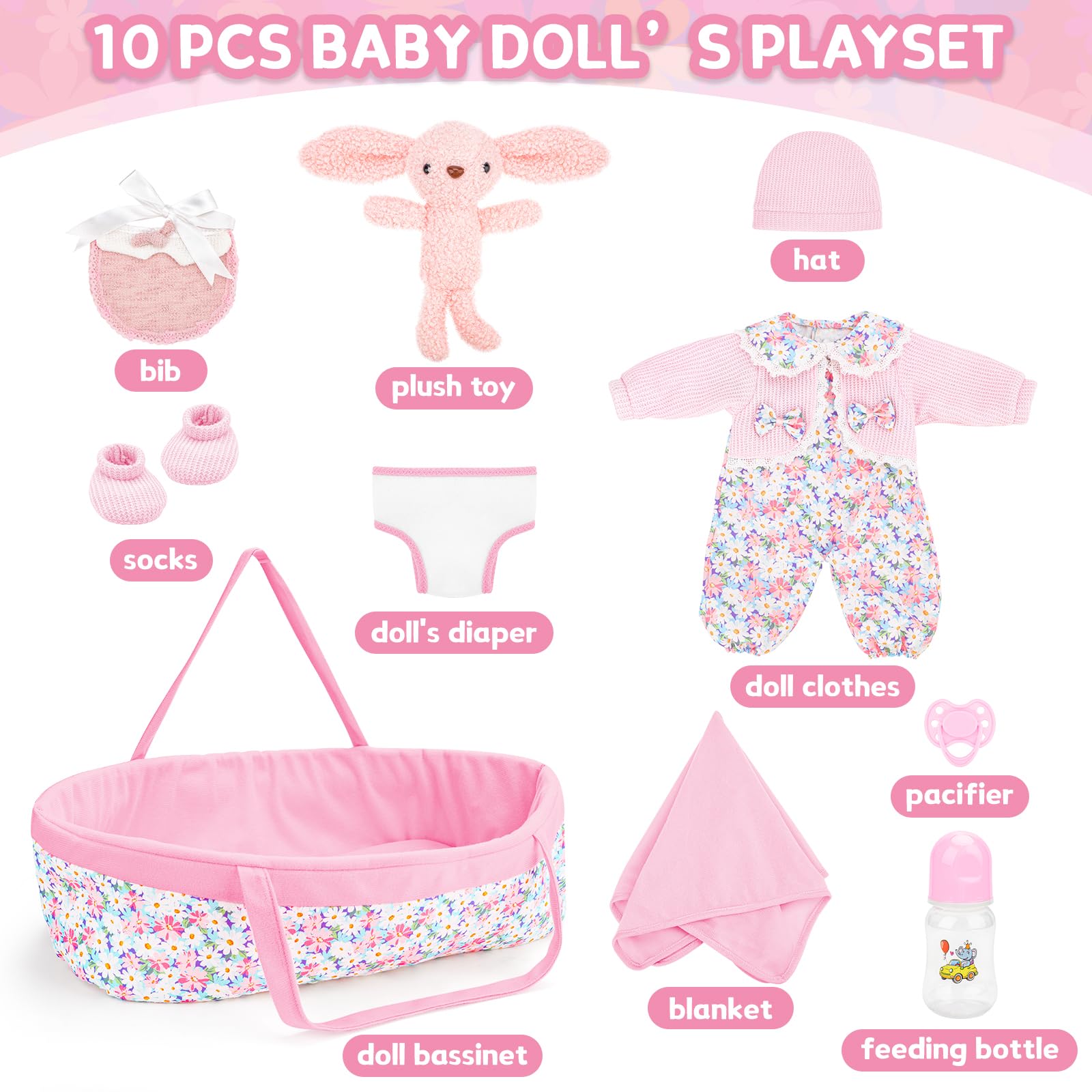 deAO Abbigliamento per Bambole con Culla - Set 11 Pezzi (30-43 cm) 3+ Anni