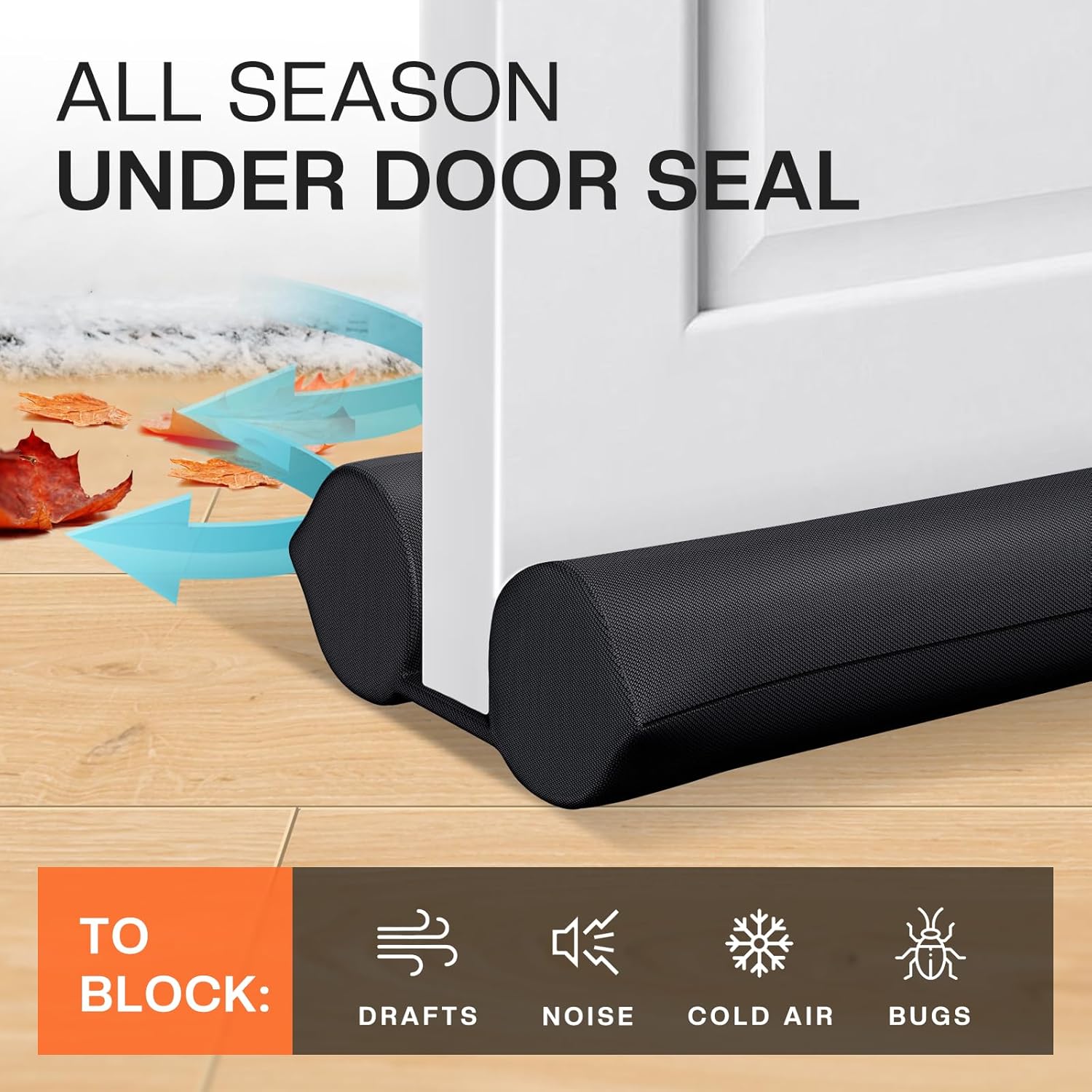comfyanno under door draft stopper - bottom door gap filler & seal - fits 30” to 36” door, block cold air, noise, sound, wind, bugs, easy to install, double side block, no adhesive, black 36 inch (pack of 1) black