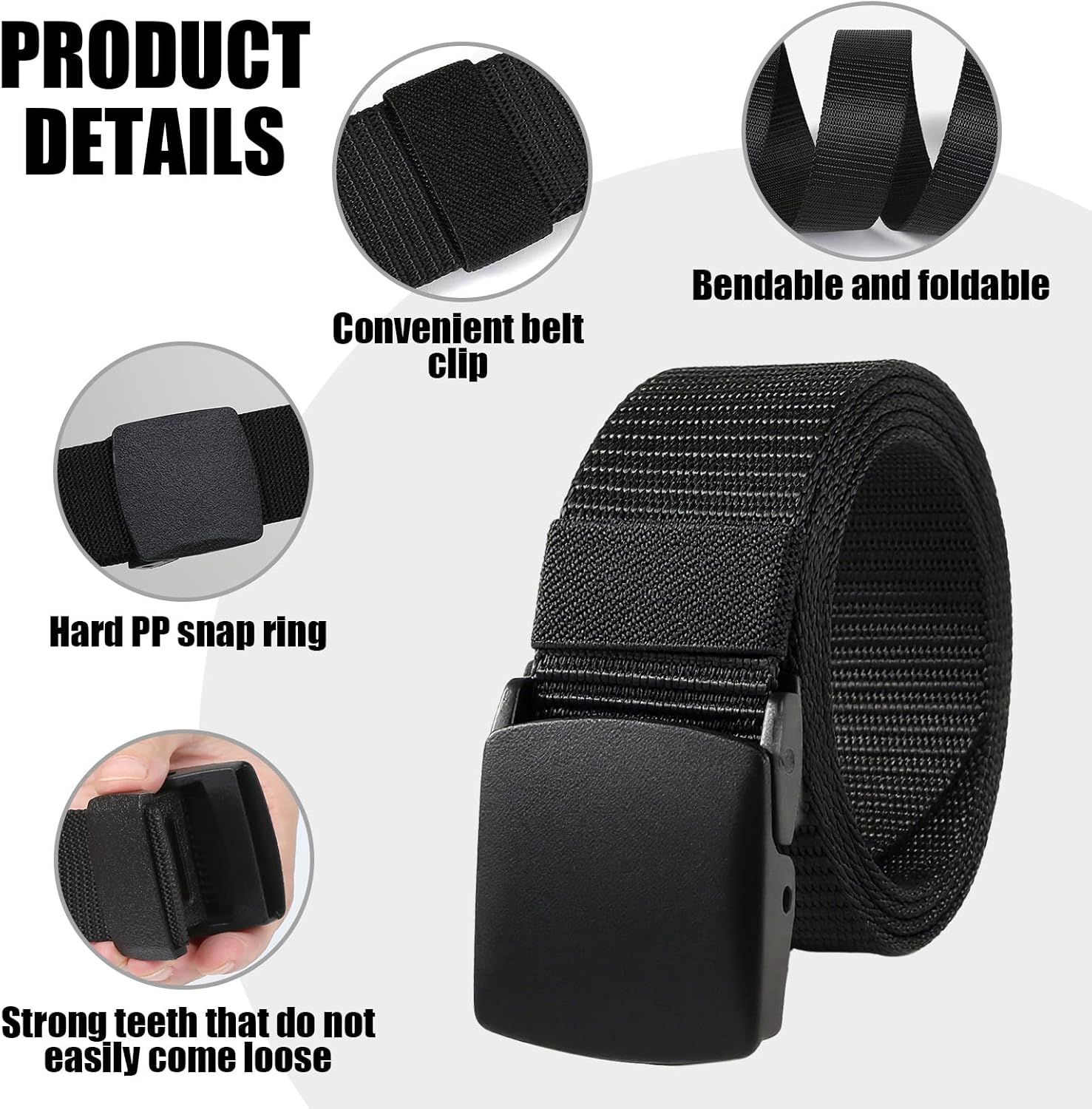 Durable Web Belt For Men, 2-Pack Black Canvas Military Belt With Safe Buckle, Adjustable Hiking,41.6 Inch Metal-Free Cloth Belt For Outdoor & Daily Use - Image 3