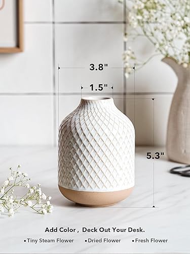 Miniatura 3 de Pequeño jarrón bohemio para decoración, jarrón rústico de granja para hierba de las pampas, juego de eucalipto y pequeñas flores de tallo, cerámica