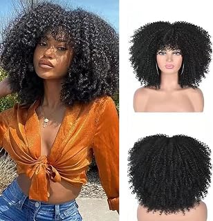 Afro kinky Curly Wigs for Black Women, Short Curly Wig with Bangs, Synthetic Heat Resistant Full Afro Curly Black Wigs for Daily Party (14 Inch,Natural Black)