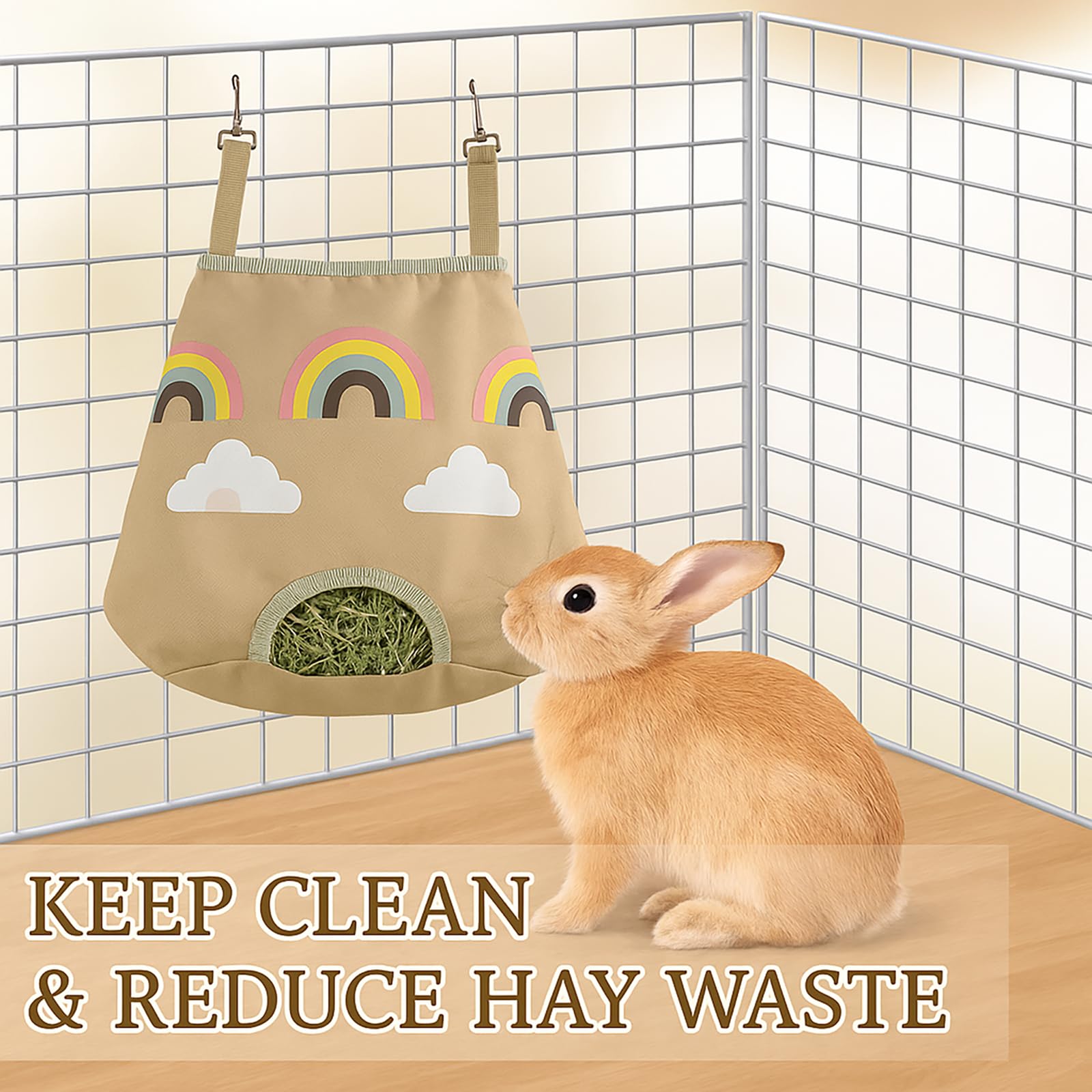 Rabbit Hay Feeder Bag for Guinea Pigs and Chinchillas | Cute Rainbow Design, Washable Oxford Cloth, Single Hole Timothy Hay Holder - image 6