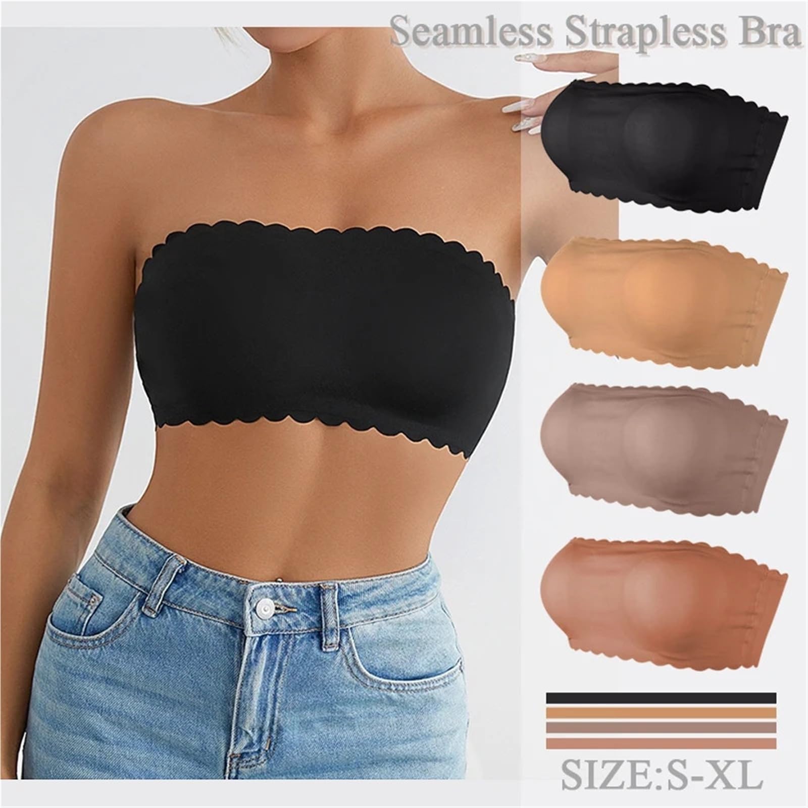 Reggiseno Invisibile Reggiseno a Tubino Senza Spalline con Bordo Ondulato, Cuciture, Scoperte, Lingerie da Donna