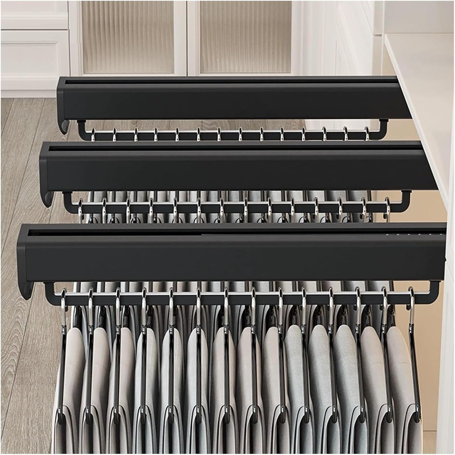 引き出し式ハンガーレール、引き出し式ハンガーロッド、プッシュプルワードローブパンツラック、省スペースの格納式パンツラック、ワードロー