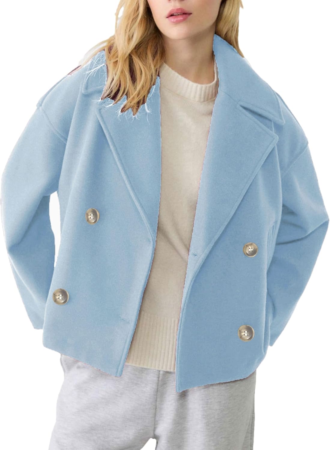 Womens Cropped Pea Coat Long Sleeve Notched Lapel Trench Overcoat Casual Double Breasted Jackets with Pockets