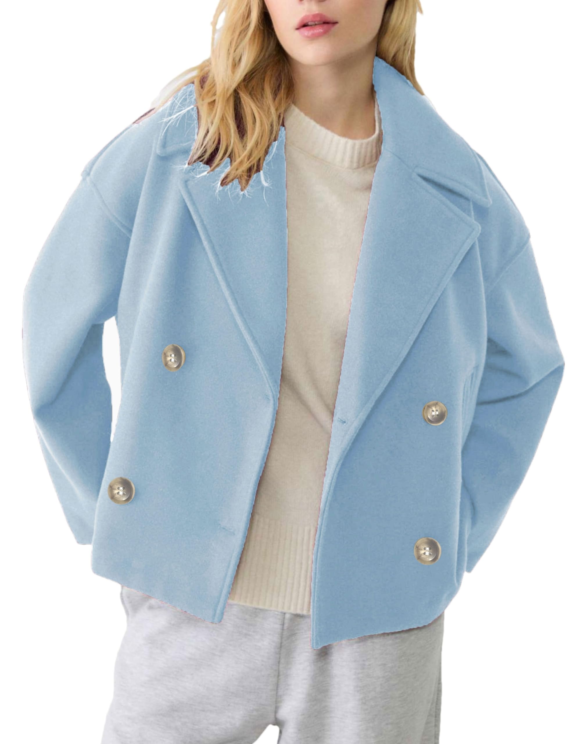 Womens Cropped Pea Coat Long Sleeve Notched Lapel Trench Overcoat Casual Double Breasted Jackets with Pockets
