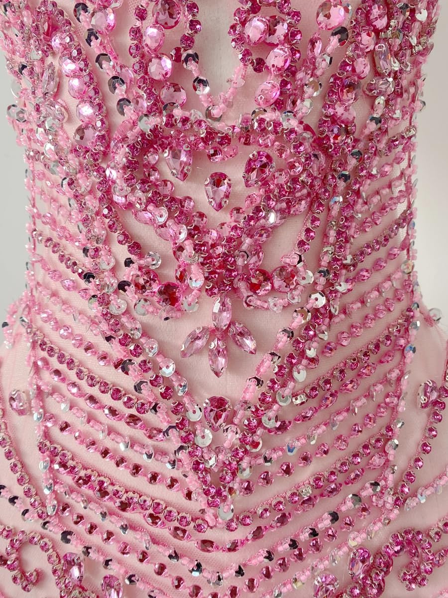 Handmade Rhinestones Bodice Applique sew on Beads Trim Patches Trim Accessories for Wedding Dress Shiny Decorative lace Patch (Pink)