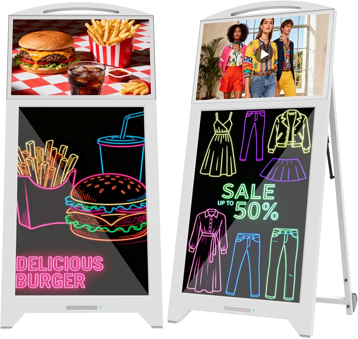 43'' portable digital signage with 21.5'' LCD Screen and 32'' LED Message Writing Board, Advertising Display with CMS/USB Plug & Play, Split Screen, 10-14H Battery Portable Digital Signage for Retail