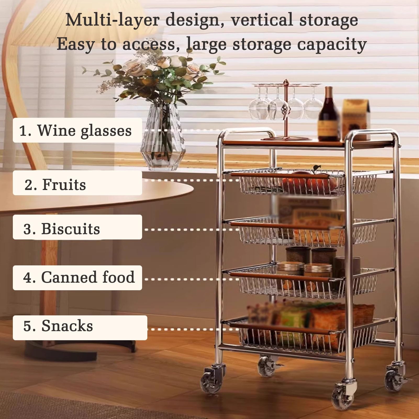 Genérico Carrito Multiusos de Metal de 4 Niveles con Ruedas: estantería de Almacenamiento móvil, fácil de Montar, Ideal para Cocina, baño, Oficina y balcón. Carrito de Almacenamiento Abierto con Capa