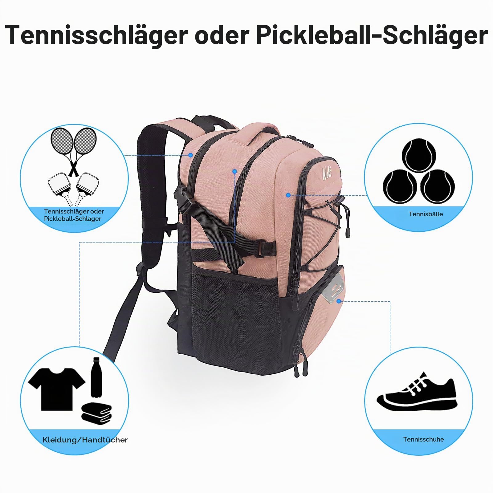 WOLT Tennis-Rucksack für Herren und Damen, große Tennisschlägertasche mit belüftetem Schuhfach für 2 Tennisschläger, Pickleball-Bälle