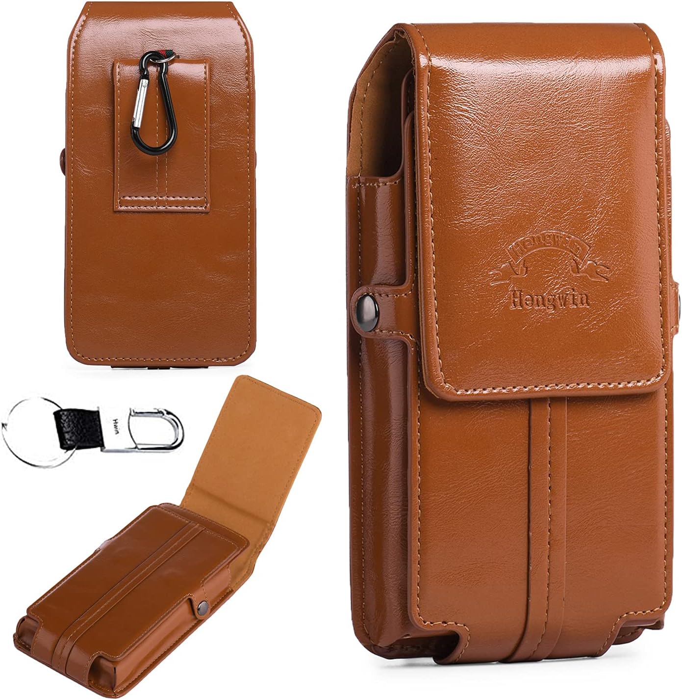 Hengwin Cell Phone Belt Pouch for Men, PU Leather iPhone 12 Pro Max Holster Samsung S20+ S21+ A52 A32 LG V20 Moto G8 Power OnePlus Nord Belt Case with Belt Clip Loop ID Card Holder + Keyring(Brown)