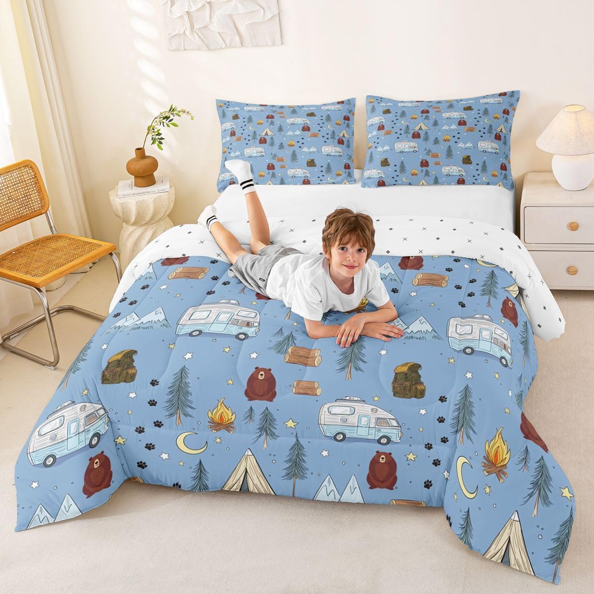 Homewish Cartoon Tents Camp Camper Comforter Set Full Size,Camping Picnic Bedding Sets 3Pcs for Kids Girls Boys Youth Room Decor,Woodland Bear Duvet Insert Snow Mountain Down Comforter,2 Pillowcases