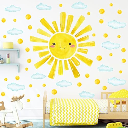 Miniatura 7 de Calcomanías de pared grandes de acuarela con diseño de nubes y lunares para habitación de niños, 12 hojas de calcomanías de decoración de pared con