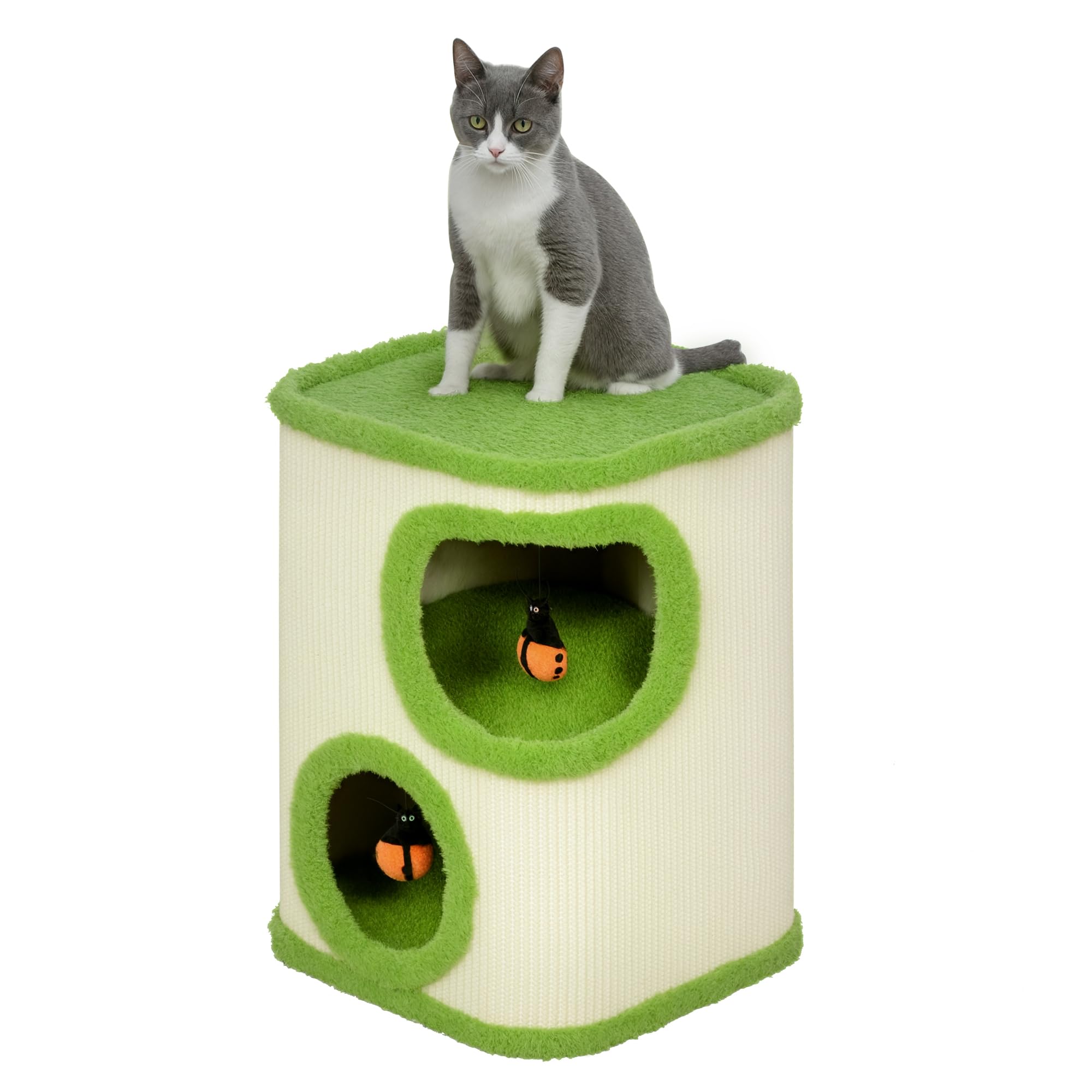 PawHut Kratztonne, 52 cm hoch Katzentonne mit 2 Höhle, Kratzbaum mit Marienkäfer-Spielzeug, Katzenturm aus Sisal, Katzenhöhle Katzenhütte für Katze bis 5 kg, Grün+Cremeweiß
