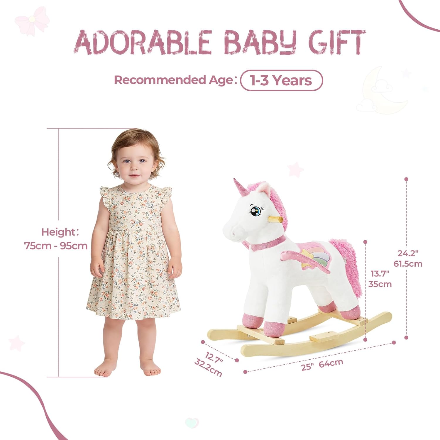 FUNLIO Unicorn Baby Rocking Horse for Toddlers 1-3 Years, Rainbow Fairy Unicorn Rocking Horse, Stuffed Ride-on Animal Rocker, Easy to Assemble, CPC & CE Certified-Small