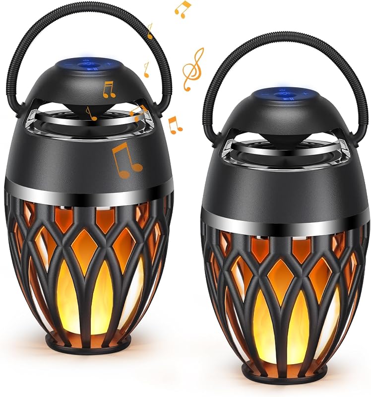 Paquete de 2 parlantes Bluetooth para exteriores con luz parpadeante de llama IPX5 resistente al agua | BT 5.0, linterna inalámbrica, decoración de ambiente para patio, pileta, fiesta, campamento, regalos de inauguración de la casa para hombres/mujeres
